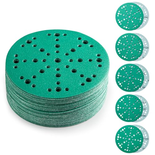 6-Inch Sanding Discs 50 Pack 49-Hole Hook and Loop Film Backed Sandpaper Assortment Grits 80/120/150/180/220 Compatible with Festool Sanders