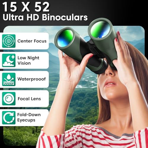 Image of Sounce 15x52 Binoculars for Long Distance | HD Binocular for Adults | IPX7 Waterproof Fog Proof | BAK4 Prism FMC Lens | Bird Watching Wildlife Safari Stargazing Hunting | Durbin with Pouch (Black)