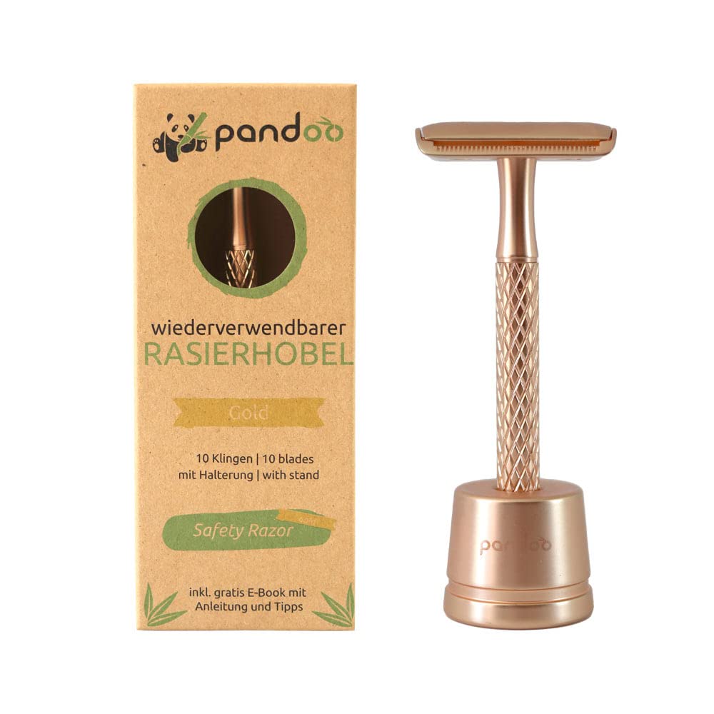 pandoo Rasoio con supporto – Metallo – Zero-Waste – Senza plastica – Rasoio di sicurezza – Rasoio a umido – Uomini e donne (oro)