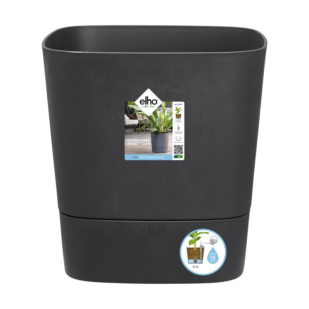 Elho Greensense Aqua Care Square 38 - Macetero por Interior y Exterior - 100% Plástico Reciclado - Ø 38.0 x H 38.9 cm - Charcoal Grey