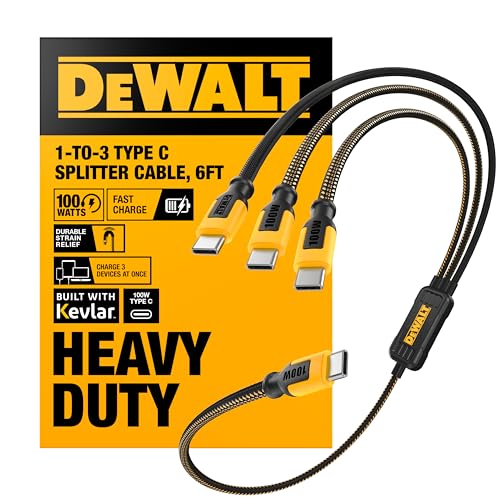 DEWALT 100W Smart USB-C to USB-C Splitter Data Transfer & Fast Charging 1-to-3 Output Kevlar Reinforced 6ft Heavy-Duty for Laptop MacBook iPad Android Samsung iPhone Works w/Carplay