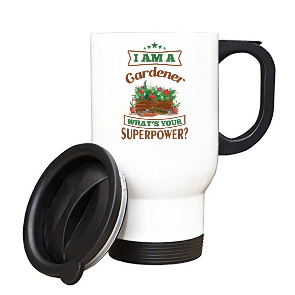 Getagift I am a Gardener What's Your Superpower?, Gardening Gift, Gardeners Gift, Silver, White Insulated 14oz Travel Mug, Tea, Coffee Mug. (White)