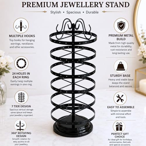 Image of ecofynd 6-Tier Metal Jewelry Organizer Stand with 144 Holes, 360 Rotating 21-Inch Holder for Earrings, Necklaces, Bracelets & Rings, Space-Saving Display for Vanity & Dressing Table (Black, JS009)