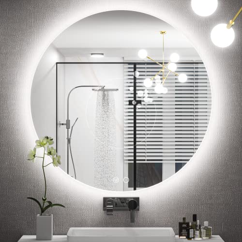 Keonjinn 28 Inch Round LED Mirror Backlit, Round Bathroom Mirror with Lights, 3 Color Temperature, UL Listed LED Driver, HD Tempered Glass, Dimmable Defogging, Circle Lighted Vanity Mirrors for Wall
