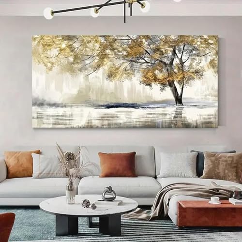 Peinture à l'encre sur toile arbre jaune | Poésie géométrique grand format