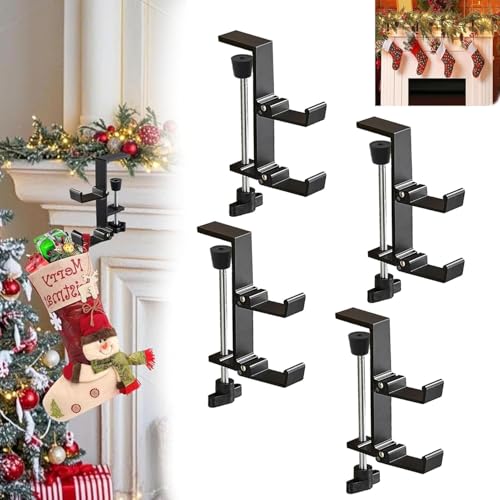 4Pcs Fireplace Stocking and Garland Hanger, 2 in 1 Mantel Hanger for Garland, Fireplace Stocking Holders for Mantle Garland Hooks for Xmas Holiday Home Party Decoration, Fits 0.31”-3.5”Mantles