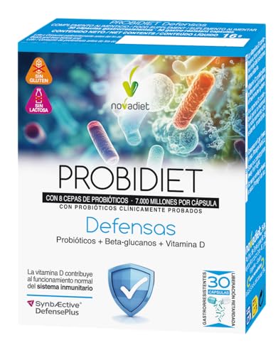 Novadiet - PROBIDIET DEFENSAS con Probióticos, Beta-Glucanos y Vitamina D - Complemento Alimenticio para el Sistema Inmunológico y la Microbiota Intestinal - 30 Cápsulas