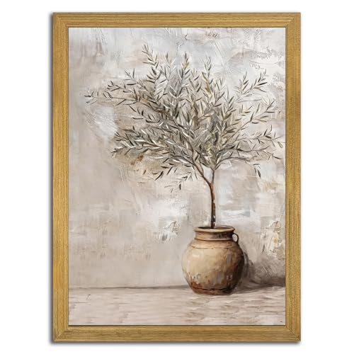 Vintage Olive Tree Canvas Wall Art, Farmhouse Aesthetic Oil Painting, Rustic Potted Plant Wall...