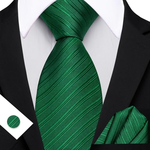 Image of Barry.Wang Solid Striped Tie for Men Silk Necktie Pocket Square Cufflinks Formal Wedding Party Business