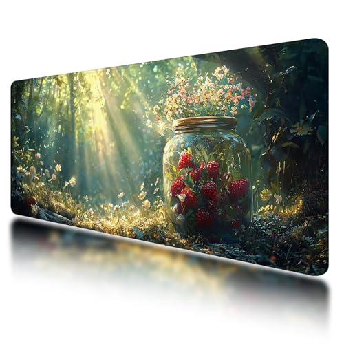 Podkładka pod mysz do gier, duża podkładka pod mysz, 1200 x 600 mm, zielona podkładka na biurko z antypoślizgową gumową podstawą i wodoodporna, truskawkowa podkładka pod mysz XXL, gładka powierzchnia