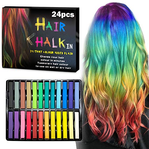 Hair Chalk Pens for Girls 24 Color, Chalk Hair Dye for Girls, Washable Hair Chalk for Kids Age 4 5 6 7 8 9 10+ New Year Birthday Party Cosplay DIY Children's Day, Christmas Gift, Rainbow Hair Chalk 24 Colors
