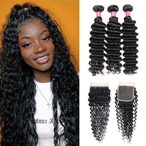 Brazilian Human Hair Deep Wave Bundles with Closure, Premium 8A+ Virgin Hair Curly Weave Extensions, 100% Unprocessed Human Hair Bundles with Closure Free Part (8, 3 Bundle/Frontal) (8 Inch, 2B)