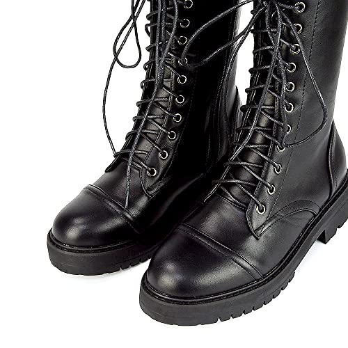 ESSEX GLAM Womens Lace Up Boots Mid Calf Ankle High Ladies Black Synthetic Leather Combat Biker Shoes - Image 5