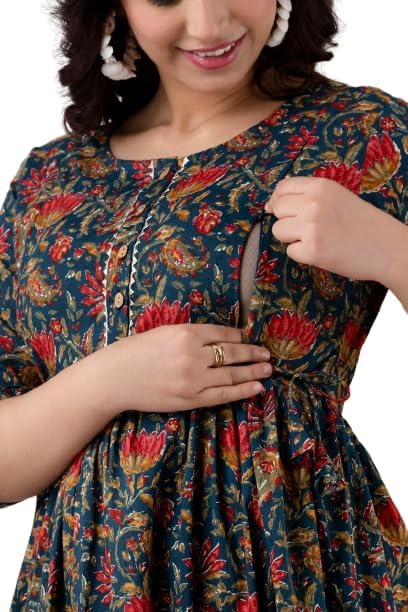 Maternity Feeding Kurti for Women, Cotton Blend Anarkali Dress with Nursing Zip