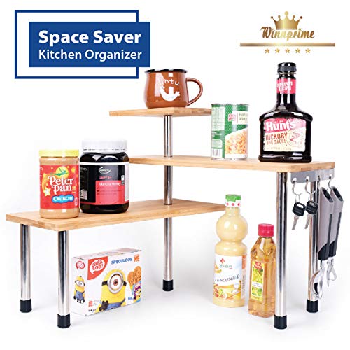 Winnprime Kitchen Countertop Corner Shelf - 3 Tier Counter Shelf Stand Bamboo & Metal Storage Organization With Hooks, Spice Rack Display Shelves, Adjustable For Kitchen, Bathroom & Office #TOP1