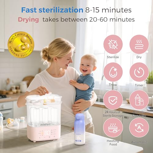 Bottle Sterilizer and Dryer, All-in-One Electric Steam Sterilizer Bottle Sanitizer for Baby Bottles, Pump Parts Accessories Newborn Essential Bottle Warmer for Breastmilk & Thaw (Pink) - Thumbnail 3