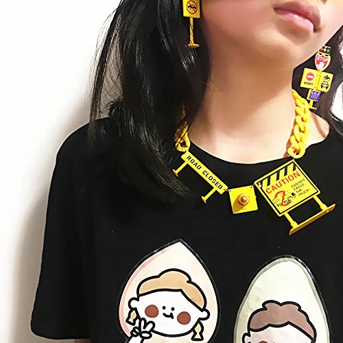 Funny Acrylic Simulation Earrings Traffic Construction Road Signs Barricade Childlike Earrings Funny Hip Hop Ear Clip Personalized Necklace Set3