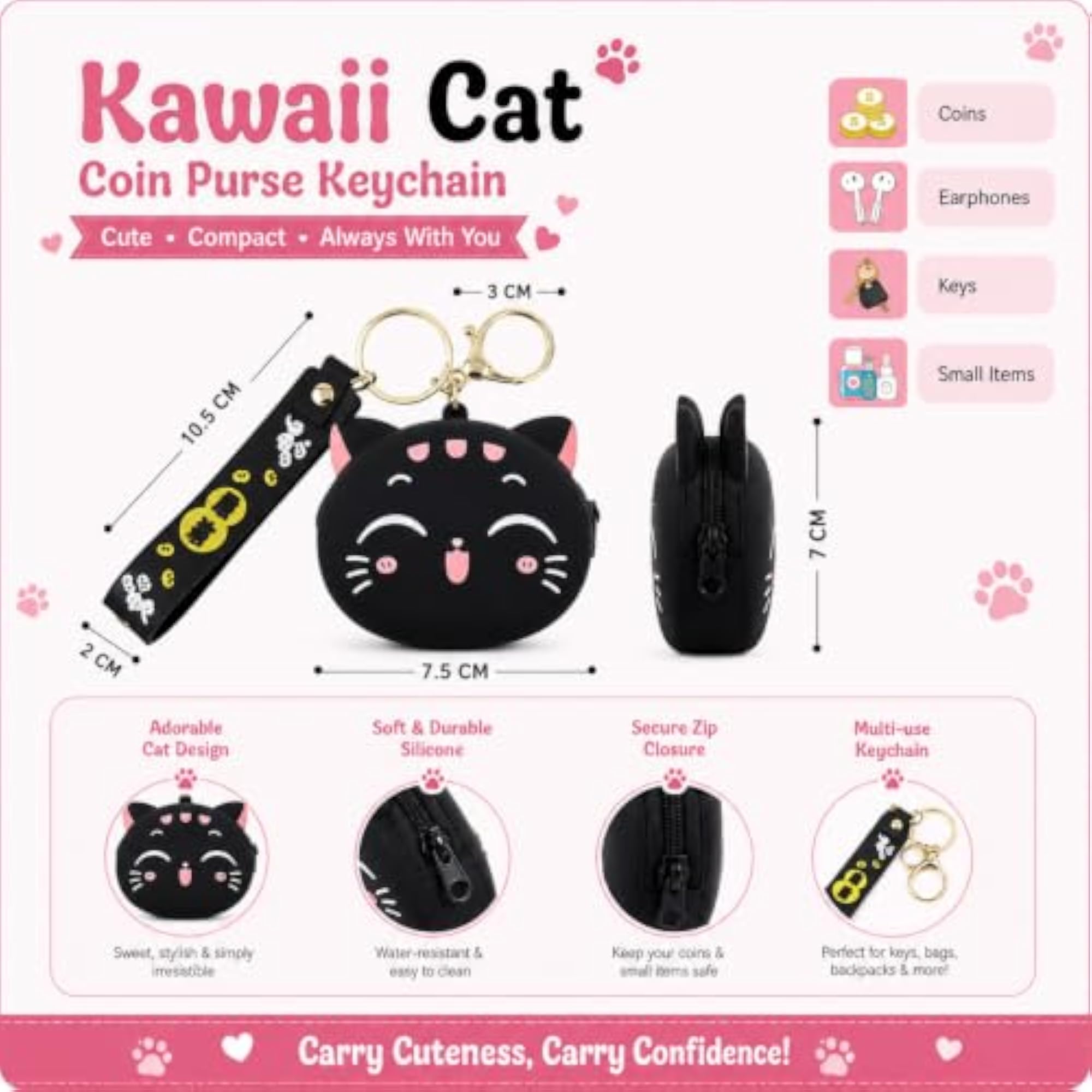 Kawaii Cat Silicone Coin Purse Keychain, Black