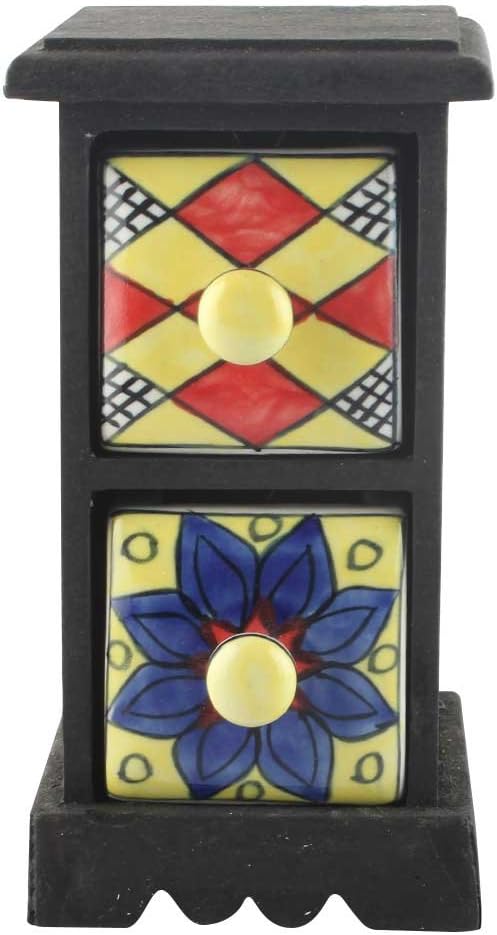 Indian Shelf 1 Piece Vocalforlocal Handmade Multicolor Wooden 2 Vertical Drawers Floral Pattern Spice Box Seasoning Masala Organizer Rack Jewellery Container
