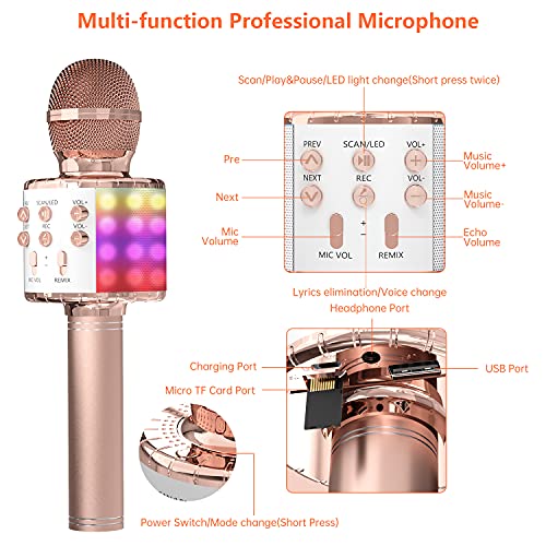 OVELLIC Karaoke Microphone for Kids, Wireless Bluetooth Karaoke Microphone with LED Lights, Portable Handheld Mic Speaker Machine, Great Gifts Toys for Girls Boys Adults All Age (Rose Gold) - Thumbnail 6