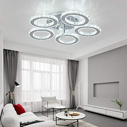 Deckrico Crystal Chandelier Modern Led 5-Rings Light Fixtures Flush Mount Stainless Steel Pendant Ceiling Lamp For Living Room Bedroom Restaurant Porch Dining Room (Cool White) #TOP7