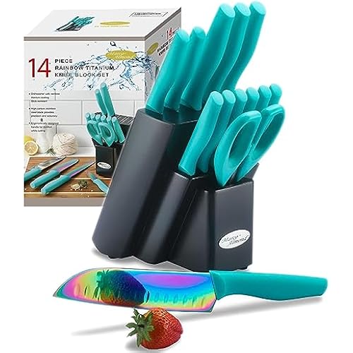 Marco Almond Knife Block Set 14PC Rainbow Kitchen Knives Set