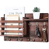 Nekon Mail Holder for Wall Mail Organizer with Key Hooks Hallway Farmhouse Decor Letter Sorter Made of Natural Pine with Floating Shelf and Flush Mount Hardware (16.8Inch x 10Inch x 3.2Inch) (Brown)