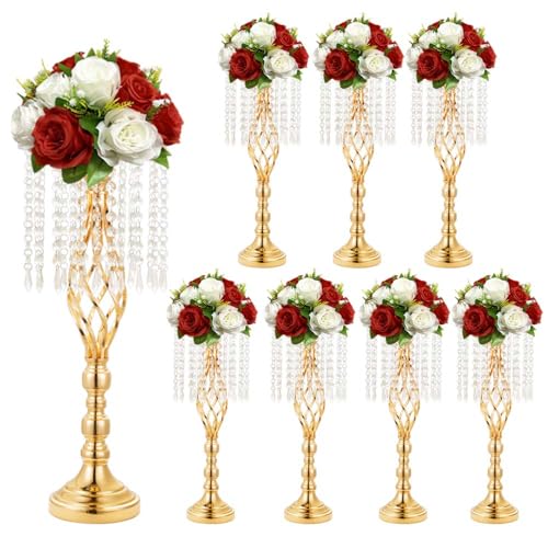 MEISHAONV 8 pcs 21.65 Inch Wedding Gold Flower Centerpieces Crystal Metal Flower Vase Wedding Centerpieces for Tables Decorations