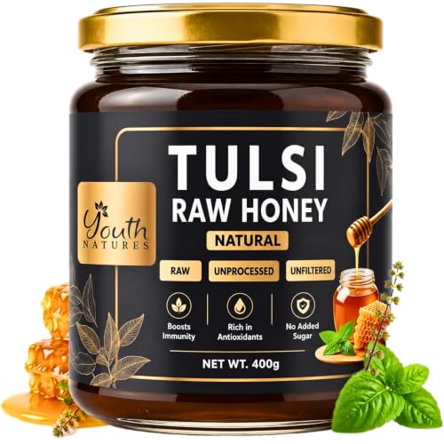 Image of Youth Natures Raw Tulsi Honey 400g | 100% Natural | Unprocessed | Unfiltered | Unheated | No Added Sugar | Rich in Antioxidants | Pure Holy Basil Honey | Glass Jar