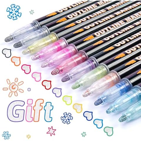 AKARUED Glitter Outline Markers for Kids: 12 Colors Shimmer Outline Pen, Christmas Stocking Stuffers for Teen Girls, Fun Metallic Doodle Marker for Drawing, Art Craft Supplies, Gifts for 4-18 Year Old Cover