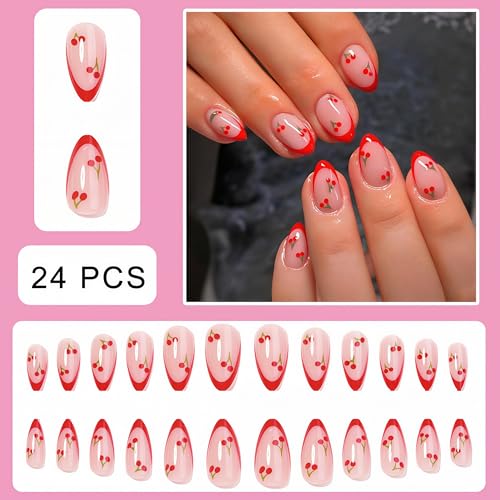 Red Cherries Press on Nails - Glossy Almond Design