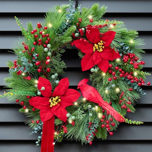 Pinkpuii Pre-Lit Christmas Wreaths for Front Door 24 Inch Christmas Wreath with Lights,Large Winter Wreath with Cardinal Birds,Poinsettia,Green Evergreen Pine Needles Red Berries Holiday Wreath Decor