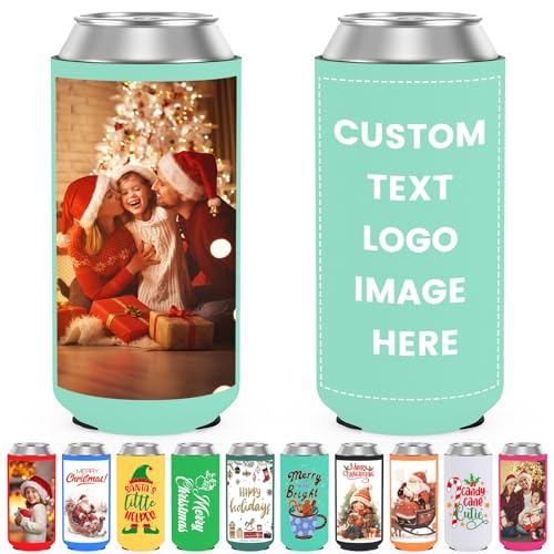 Custom Neoprene Slim Can Cooler Sleeve 12 Pack Bulk Personalized Collapsible Insulated Drink Holder for 12 oz Skinny Cans and Bottles Summer Beach Pool Party Beverages Holiday Decorations