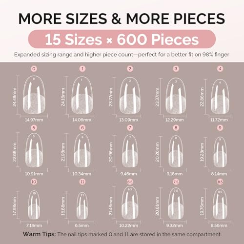 Image of MelodySusie Medium Oval Round X Nail Tips - 600Pcs 15 Sizes Clear Acrylic, Half Matte Full Cover Press on Nails for DIY Extension & Salon Use, Pre-Shaped for Long-Lasting Manicure