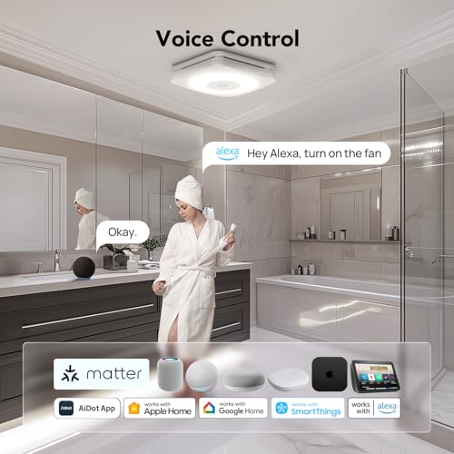 Vents OREiN 4-in-1 Matter Smart Bathroom Exhaust Fan with Light, Bluetooth Speaker & Humidity Sensor, 110/160 CFM, 1500LM 2700K-6500K, Alexa/App/Remote Control, Required Ceiling Opening 11.39″x10.42″ SmartThings Compatible Vents OREiN 4-in-1 Matter Smart Bathroom Exhaust Fan with Light, Bluetooth Speaker & Humidity Sensor, 110/160 CFM, 1500LM 2700K-6500K, Alexa/App/Remote Control, Required Ceiling Opening 11.39″x10.42″ SmartThings Compatible