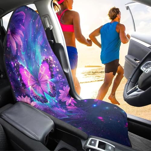 Image of Purple Butterfly Car Seat Cover Protector Front Seats Only Universal Fit High Back Seat Covers for Cars Easy to Install Waterproof Soft Auto Seat Covers Anti-Slip
