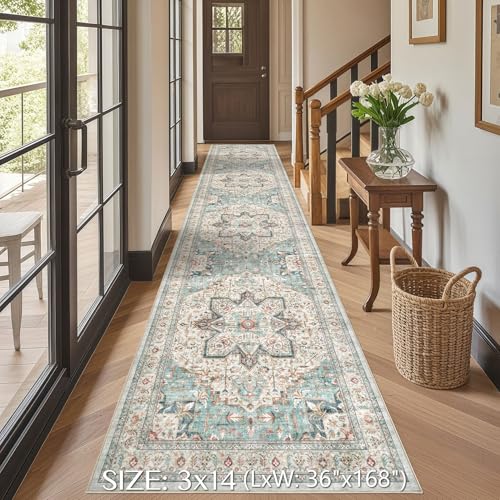 Tortania Area Rug 3x14 Runner Rugs - Washable Vintage Oriental Farmhouse Thin Indoor Carpet for Living Room Bedroom Hallway Entryway Kitchen Under Dining Table Home Office - Aqua Multi