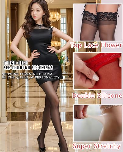 Womens Thigh High Ultra Sheer Stockings, Antiskid Silicone Lace Top Sexy Tights Stocking4