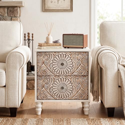 Image of HOMPUS 2-Drawer Farmhouse Nightstand, Fully Assembled Boho Night Stand, Vintage Accent End Table Bedside Table, Small Nightstand Organizer for Bedroom, Laundry, Distress White
