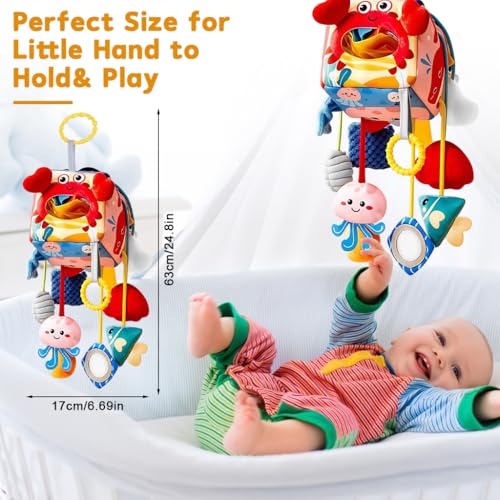 Image of SNOWIE SOFT Baby Toys for 6 to 12 Months Soft Stuffed Cartoon Cute Crab Plush Toys, Assorted Squeaky Sound Toy Pendants, Open Ring Clasp Hanging Toddler Crib Toys New Born Baby Gifts