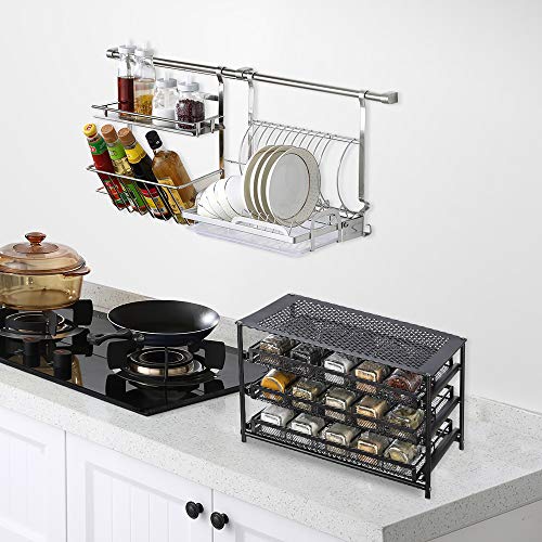 NEX 3-Tier Spice Rack 30 Bottle Standing Spice Drawer Storage Organizer for Kitchen Cabinet Countertop Dark Brown - Thumbnail 2