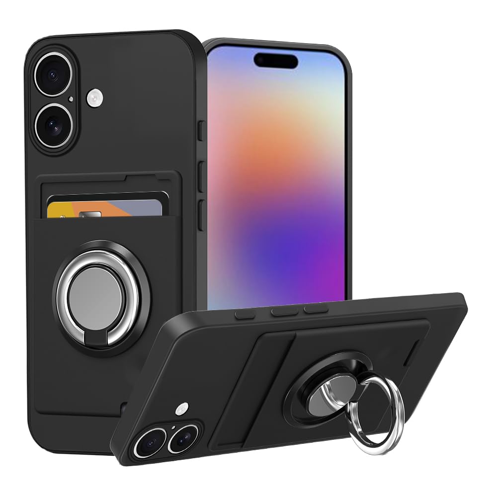 対応 iPhone 17 ケース カード収納 リング付き シリコン アイフォン17 スマホケース スタンド機能 360°回転リング 耐久 滑り止め 黑