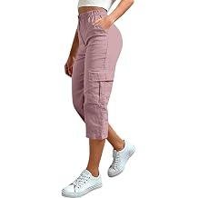 Cargo Capris for Women with Pockets High Waisted Tummy Control Capri Jeans Hiking Pants Button Elastic Waist