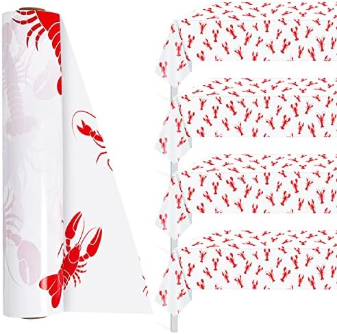 Mepase Crawfish Party Tablecloth 100 Ft x 54 Inches Lobster Plastic Table Cover White and Red Crawfish Table Cloth Disposable Crawfish Boil Party Supplies for Kitchen Birthday Decoration