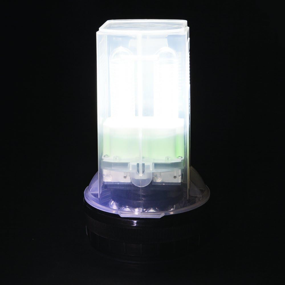 Life Gear flashlight standing upright, emitting a bright white 360-degree area light.