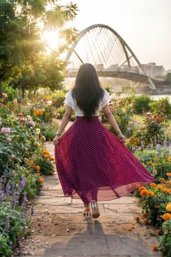 Image of Women's Lycra Top with Georgette Skirt | Polka Dot Print Long Flared Maxi | Full Length Flowy Skirt for Women | Stylish Casual Wear