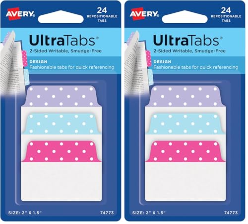 Image of Avery Multiuse Ultra Tabs, 2 inch x 1.5 inch, 2-Side Writable, Assorted Pastel Dots, 24 Repositionable Tabs (74773) (Pack of 2)