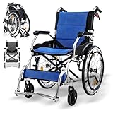 ZQHQKJ Rollstuhl Faltbar Leicht 11 kg, Reiserollstuhl Ultraleicht mit 150 kg Tragfähigkeit, Transportrollstuhl mit Doppelbremse Kippsicherung, Aluminium Klappbarer Rollstuhl für Senioren,Blau