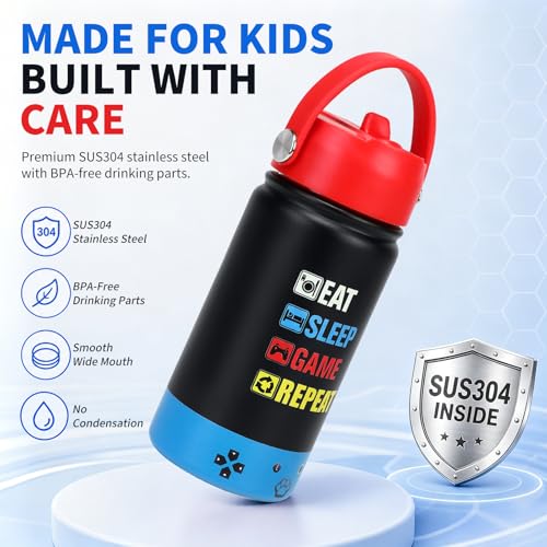 Image of Kids Insulated Water Bottle with Straw Lid, 14oz Double Wall Vacuum Stainless Steel Tumbler, Leak Proof Reusable Metal School Cup for Boys Girls, Keep Cold 24H Hot 12H (Blue-Red-EAT(Pack 2))