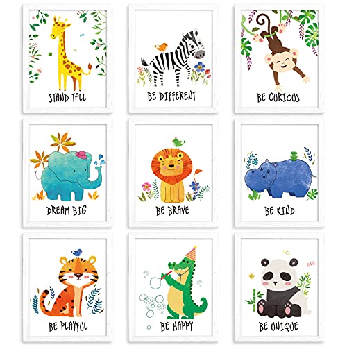 Image of 9 Pieces Jungle Animals Wall Art Prints Jungle Animal Poster Wall Decals with Unframed Pictures Safari Animals Birthday Gift for Nursery and Kids Room Decorations